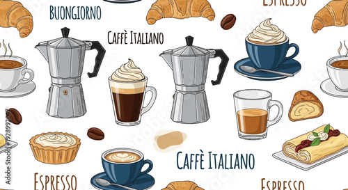Seamless pattern with hand-drawn Italian coffee items like moka pots, espresso, cappuccino, latte, and breakfast pastries such as croissants and tarts, on a white background.