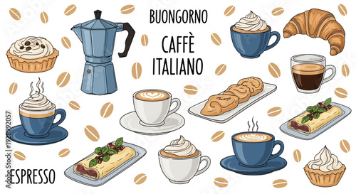 Italian coffee and breakfast pastries collection with Moka pot and espresso.