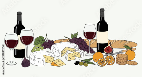 A delightful illustration of a wine and cheese spread with fruits, bread, and olives.
