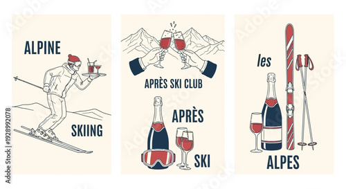 Three vintage-style illustrations depicting alpine skiing and après-ski activities with drinks and mountains.