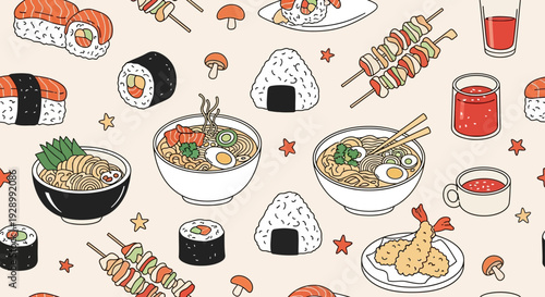 A delightful and colorful illustration of various Japanese dishes, including sushi, ramen, onigiri, and skewers, presented in a charming, hand-drawn style.