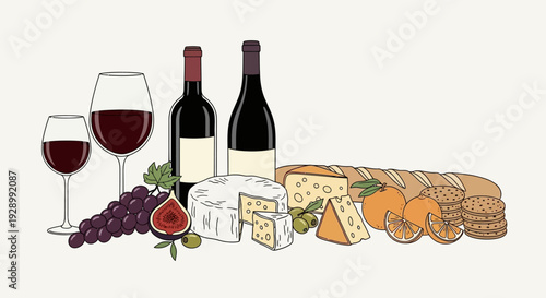 A delightful spread of red wine, various cheeses, fresh fruit, bread, and crackers, perfect for a gourmet tasting experience.