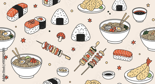 A delightful and colorful illustration of various Japanese foods, including sushi, onigiri, ramen, and tempura, arranged in a charming pattern.