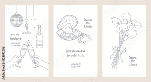 Three elegant line art invitation cards featuring party, pearl, and floral designs for celebrations.