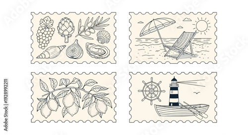 Set of four vintage hand-drawn postage stamp illustrations depicting Mediterranean food, beach vacation, lemon branch, and maritime elements like a lighthouse and boat.