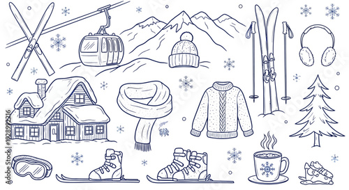 Hand-drawn doodle collection of winter sports and cozy elements, including skis, ski lift, cabin, mountains, and warm clothing.