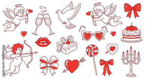 A collection of hand-drawn Valentine's Day elements including cupids, hearts, gifts, and romantic symbols, in red and white sketch style.