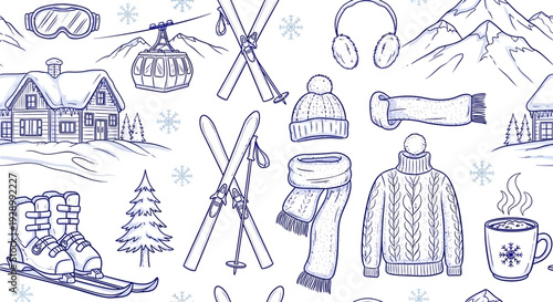 Seamless pattern with hand-drawn winter sports and cozy elements like skis, cabins, mountains, warm clothes, and hot drinks, perfect for holiday designs.