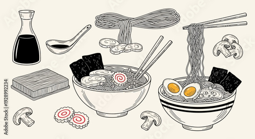 Hand-drawn illustration of various ramen ingredients and bowls, including noodles, eggs, mushrooms, nori, narutomaki, soy sauce, and chopsticks, in a vintage engraving style.