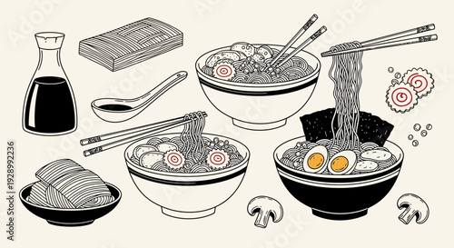 A detailed line art illustration of various Japanese ramen bowls with chopsticks, soy sauce, and traditional toppings.