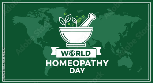 Graphic illustration of a mortar and pestle with leaves on World Homeopathy Day banner with green background and white text
