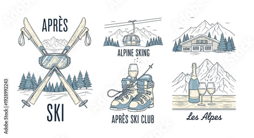 Collection of vintage-style illustrations depicting various aspects of alpine skiing and après-ski culture, including ski equipment, mountain lodges, and celebratory drinks.