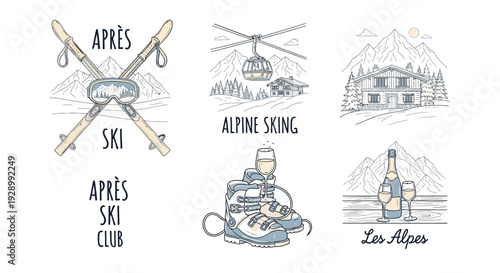 A collection of hand-drawn illustrations depicting various aspects of alpine skiing and après ski culture, including ski equipment, mountain chalets, gondolas, and champagne.