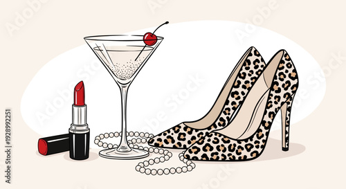 Glamorous illustration featuring a martini, red lipstick, pearls, and leopard print high heels.