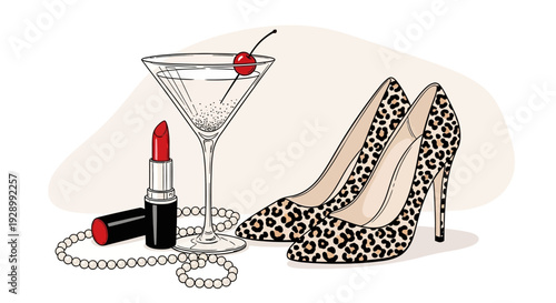 Elegant illustration of a martini, red lipstick, pearls, and leopard print high heels, symbolizing a glamorous night out.