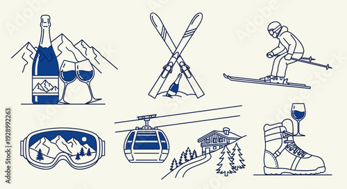 Blue line art icons illustrating a luxury ski vacation, featuring champagne, skis, a skier, goggles, a gondola, a mountain cabin, and a ski boot with wine.