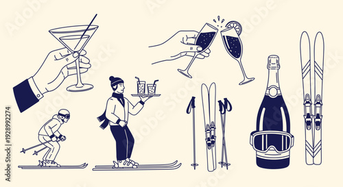 Illustration of winter ski resort activities including skiing, apres-ski drinks, and champagne.