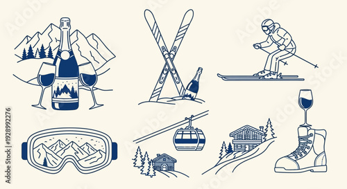 Collection of elegant line art illustrations depicting winter sports, mountain leisure, and luxury ski resort activities.