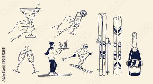 Collection of hand-drawn illustrations depicting winter ski resort activities, including people skiing, various cocktails, champagne, and ski equipment.