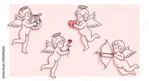 Four adorable cherubs with wings and halos, depicting love and music, holding a lyre, heart, rose, and bow and arrow on a soft pink background.