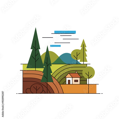 Flat design landscape with house, pine trees, and rolling hills.