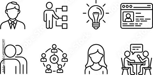 Business leadership icon set with team collaboration, creative idea bulb, professional profile and meeting discussion