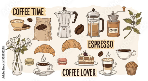A collection of hand-drawn coffee-themed illustrations including various brewing methods, beans, cups, pastries, and flowers, with text "COFFEE TIME", "ESPRESSO", "COFFEE LOVER".