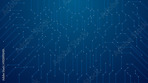 Futuristic Blue Technology Circuit Board Background with Glowing Connection Lines and Digital Network Nodes, High Tech Data Flow Grid for AI, Cyber Security, Cloud Computing and Innovation Concept