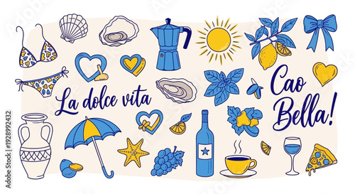 A vibrant collection of hand-drawn Italian summer and sweet life themed illustrations, featuring food, drinks, fashion, and travel elements.