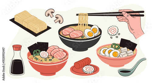 A vibrant illustration showcasing various bowls of Japanese ramen with different toppings like pork, eggs, tofu, and seaweed, alongside ingredients such as soy sauce, mushrooms, and narutomaki.