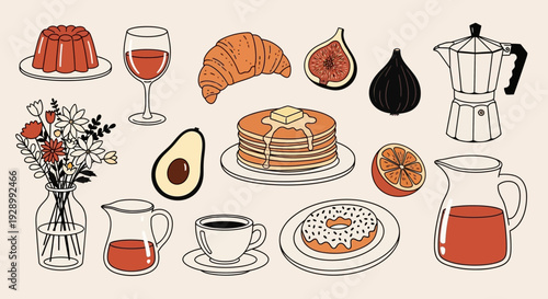 A charming collection of hand-drawn breakfast and brunch items, featuring pancakes, croissants, coffee, fruits, and beverages.