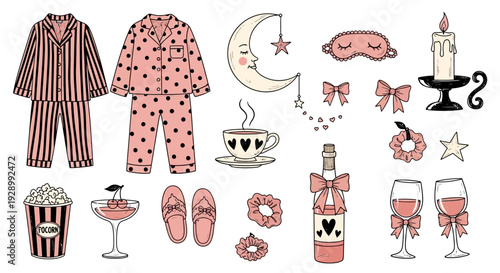 A collection of cozy pink sleepover essentials including pajamas, slippers, popcorn, drinks, and night-time accessories.