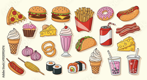 A collection of various cartoon-style fast food items and snacks, including burgers, pizza, fries, hot dogs, donuts, ice cream, and drinks, on a light background.