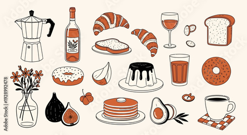 A collection of hand-drawn breakfast and brunch items including coffee, wine, pastries, fruits, and desserts, in a doodle style with a limited color palette.