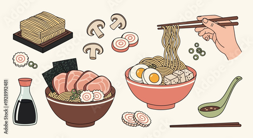 A vibrant illustration showcasing various delicious Japanese ramen dishes and their fresh ingredients, including noodles, eggs, meat, tofu, and mushrooms.