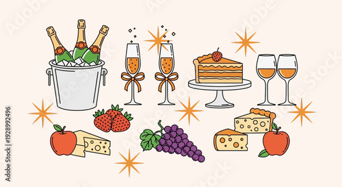 A festive illustration featuring champagne bottles, sparkling flutes, cake, wine glasses, strawberries, grapes, apples, and cheese, surrounded by decorative stars.