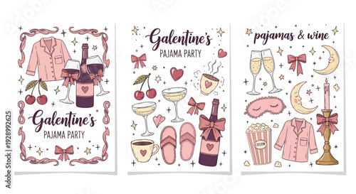 A set of three hand-drawn illustrations for a Galentine's Pajama Party, featuring cozy elements like pajamas, wine, cherries, and festive decorations.