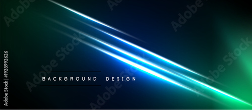 Dark background features vibrant blue, green light streaks. Modern design elements create dynamic visual effect. Minimalist text present.