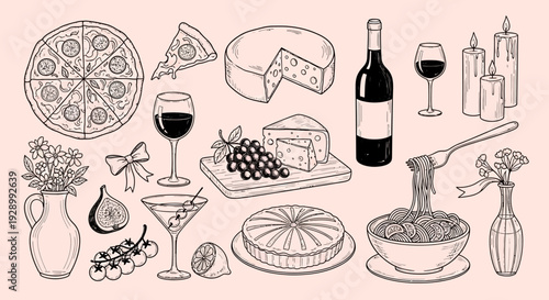 A charming hand-drawn illustration featuring a delightful assortment of food and drink items, perfect for culinary themes.