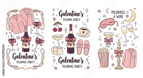 Three illustrations depicting Galentine's Pajamas Party essentials with pink sleepwear, wine, snacks, and cozy items.