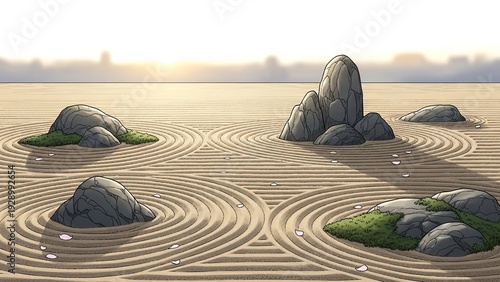 Zen garden tranquility with raked sand patterns and serene rock arrangement