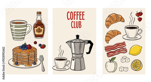 Three illustrations depicting various breakfast items including pancakes, coffee, croissants, bacon, and a Moka pot, with a 'Coffee Club' sign.