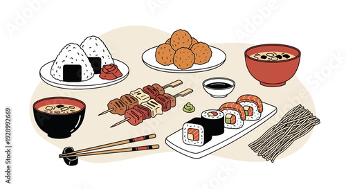 A colorful illustration of various traditional Japanese dishes including sushi, onigiri, yakitori, karaage, and miso soup, with chopsticks.