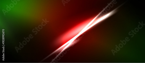 Abstract background features vibrant green, red hues. Diagonal light streaks create dynamic visual effect. Brightness contrasts sharply with darkness.