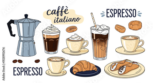 Hand-drawn illustration of various Italian coffee preparations and traditional pastries like espresso, cappuccino, moka pot, croissant, and cannoli.