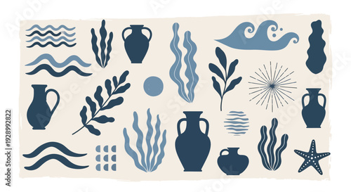 Abstract Mediterranean and coastal elements set with hand-drawn waves, seaweed, ancient vases, and starfish in a blue and beige palette.