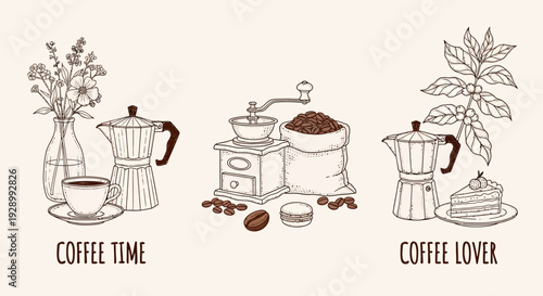 Hand-drawn sketch illustration of coffee time and coffee lover concepts with Moka pots, grinder, beans, and cake.