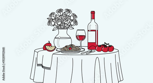 A detailed line drawing of a romantic dinner table setting with pasta, red wine, roses, and fresh produce.