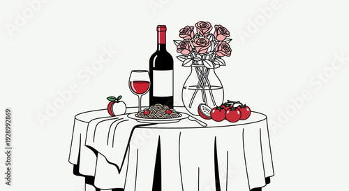 A simple line drawing of a romantic dinner setting with red wine, pasta, roses, and tomatoes on a white tablecloth.