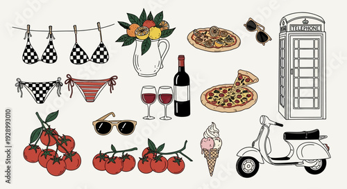 A charming collection of Italian-themed illustrations, featuring bikinis, wine, pizza, tomatoes, ice cream, sunglasses, a scooter, and a phone booth.